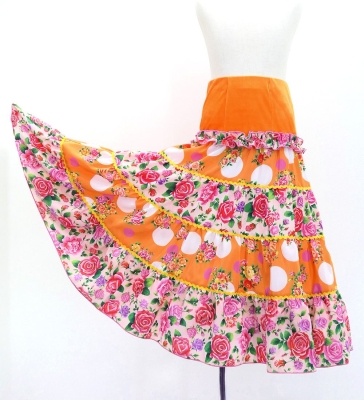 Kids Flamenco Tiered Skirt / Bouquet & Dots / Light Orange & Pink / JFSp-14