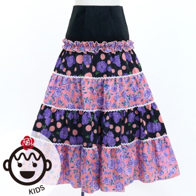 Kids Flamenco Tiered Skirt / Roses & Dots / Purple & Pink / JFSp-15