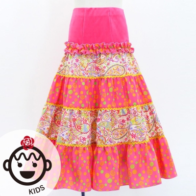 Kids Flamenco Tiered Skirt / Paisley & Dots / Pink & Yellow / JFSp-16