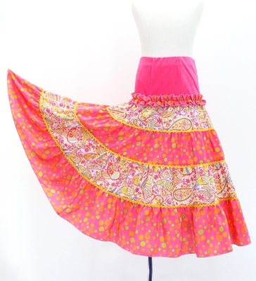Kids Flamenco Tiered Skirt / Paisley & Dots / Pink & Yellow / JFSp-16