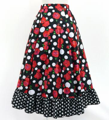Kids Circular Flamenco Skirt with Frills / Rose & Dots / Black & Red / JFSp-6