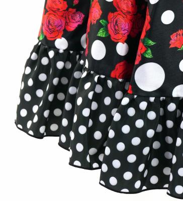 Kids Circular Flamenco Skirt with Frills / Rose & Dots / Black & Red / JFSp-6