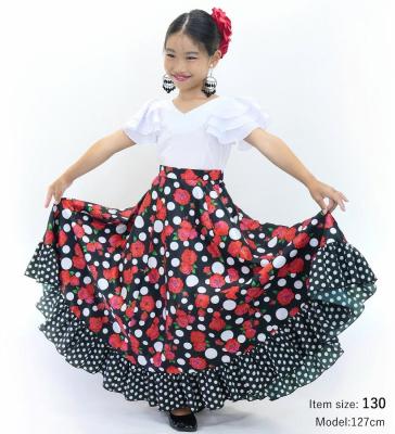 Kids Circular Flamenco Skirt with Frills / Rose & Dots / Black & Red / JFSp-6