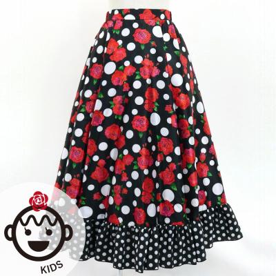 Kids Circular Flamenco Skirt with Frills / Rose & Dots / Black & Red / JFSp-6
