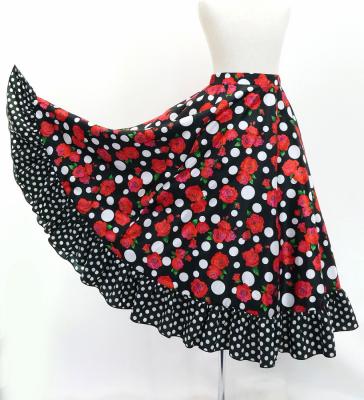 Kids Circular Flamenco Skirt with Frills / Rose & Dots / Black & Red / JFSp-6