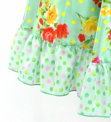 Kids Circular Flamenco Skirt with Frills / Roses & Carnations / Light Green / JFSp-8