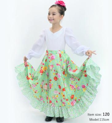 Kids Circular Flamenco Skirt with Frills / Roses & Carnations / Light Green / JFSp-8