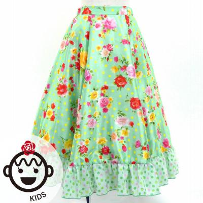 Kids Circular Flamenco Skirt with Frills / Roses & Carnations / Light Green / JFSp-8