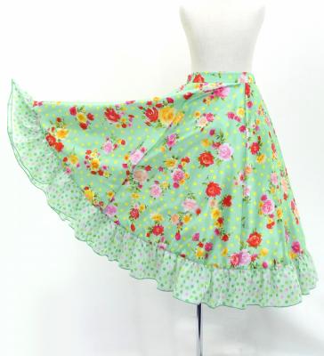 Kids Circular Flamenco Skirt with Frills / Roses & Carnations / Light Green / JFSp-8