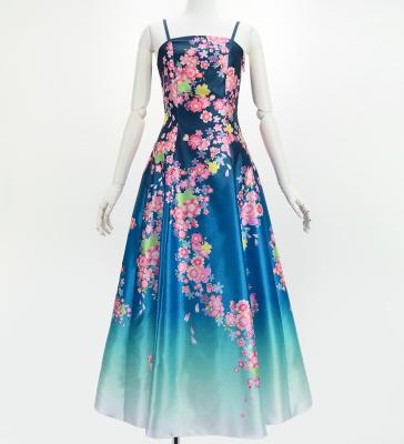 Japan Fabric Long Dress with Cherry Blossom Print / Shantung / Blue / JW001bl