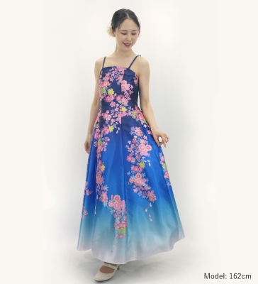 Japan Fabric Long Dress with Cherry Blossom Print / Shantung / Blue / JW001bl