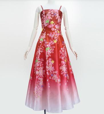 Japan Fabric Long Dress with Cherry Blossom Print / Shantung / Red / JW001rd