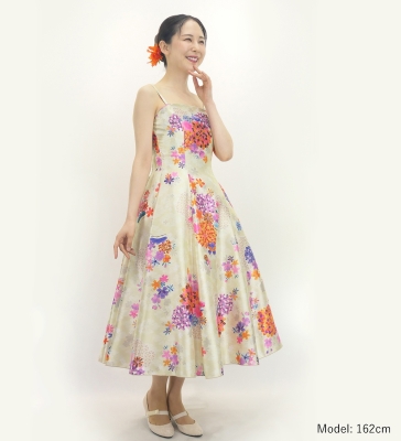Japan Fabric Long Dress with Chrysanthemum & Plum Blossom & Cherry Blossom Print / Shantung / Beigu / JW003be