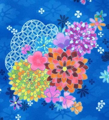 Japan Fabric Long Dress with Chrysanthemum & Plum Blossom & Cherry Blossom Print / Shantung / Blue / JW003bl