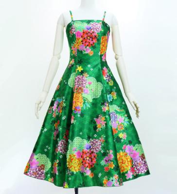 Japan Fabric Long Dress with Chrysanthemum & Plum Blossom & Cherry Blossom Print / Shantung / Green / JW003gr
