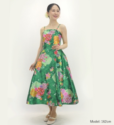 Japan Fabric Long Dress with Chrysanthemum & Plum Blossom & Cherry Blossom Print / Shantung / Green / JW003gr