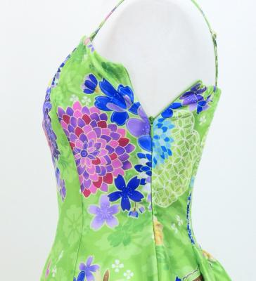Japan Fabric Long Dress with Chrysanthemum & Plum Blossom & Cherry Blossom Print / Shantung / Light Green / JW003lgr