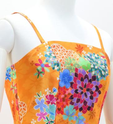 Japan Fabric Long Dress with Chrysanthemum & Plum Blossom & Cherry Blossom Print / Shantung / Orange / JW003or