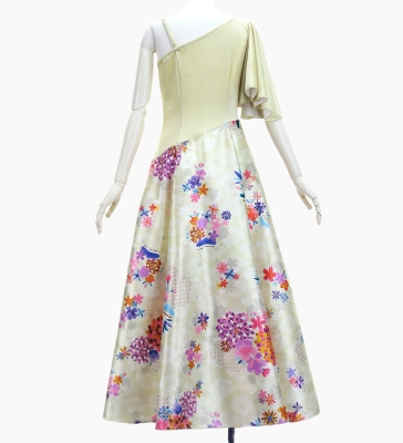 Japan Fabric One Shoulder Frill Sleeve Long Dress / Beige / JW004be