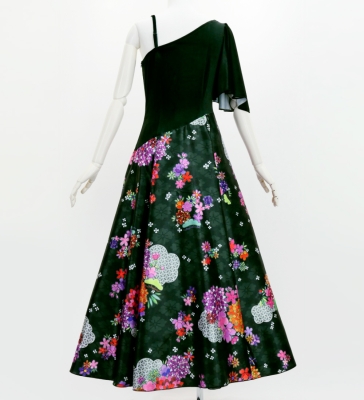 Japan Fabric One Shoulder Frill Sleeve Long Dress / Black / JW004bk