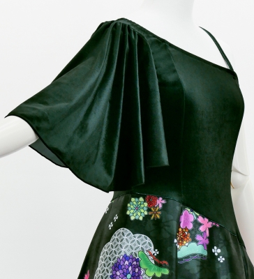 Japan Fabric One Shoulder Frill Sleeve Long Dress / Black / JW004bk