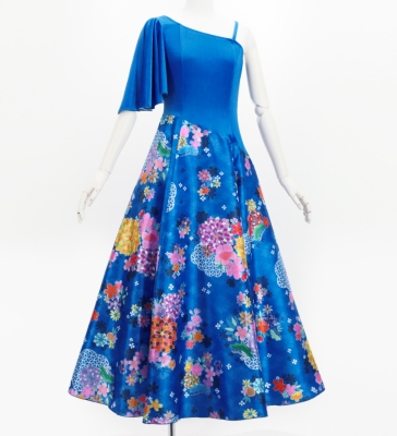 Japan Fabric One Shoulder Frill Sleeve Long Dress / Blue / JW004bl