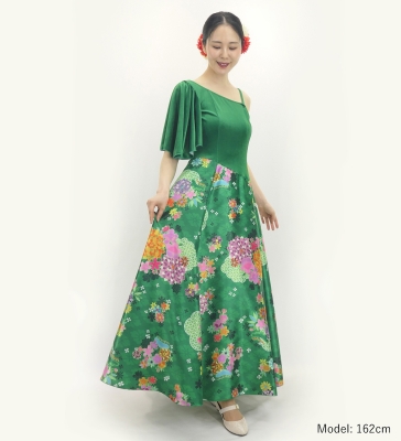 Japan Fabric One Shoulder Frill Sleeve Long Dress / Green / JW004gr