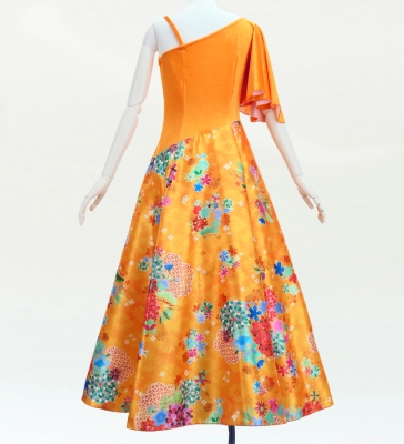 Japan Fabric One Shoulder Frill Sleeve Long Dress / Orange / JW004or