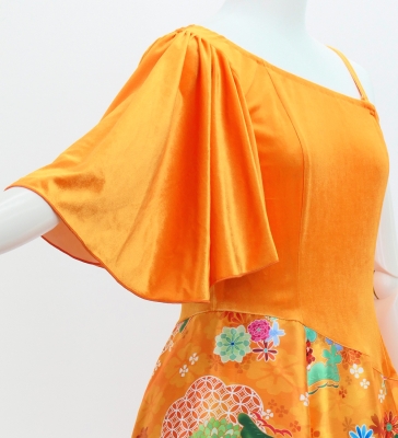 Japan Fabric One Shoulder Frill Sleeve Long Dress / Orange / JW004or