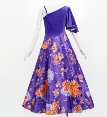 Japan Fabric One Shoulder Frill Sleeve Long Dress / Purple / JW004pu