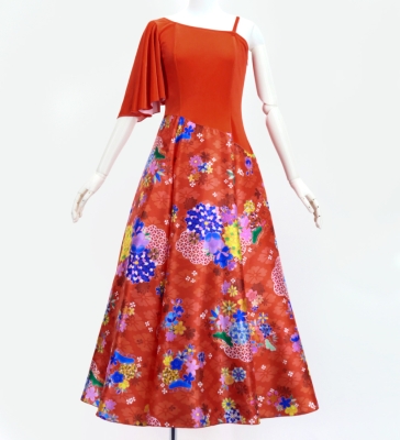 Japan Fabric One Shoulder Frill Sleeve Long Dress / Red / JW004rd