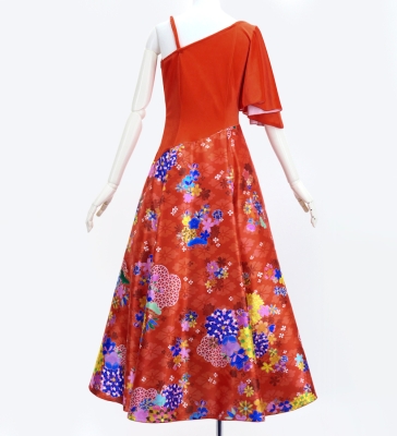 Japan Fabric One Shoulder Frill Sleeve Long Dress / Red / JW004rd