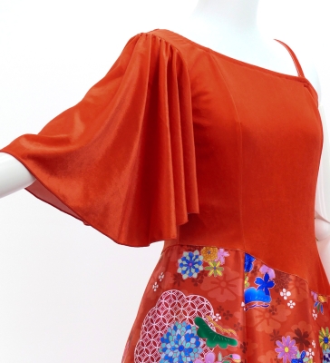 Japan Fabric One Shoulder Frill Sleeve Long Dress / Red / JW004rd