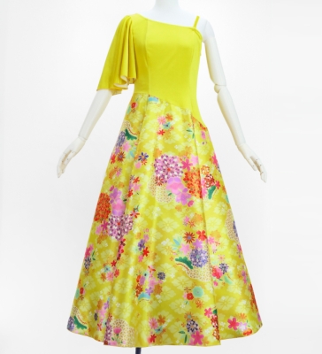 Japan Fabric One Shoulder Frill Sleeve Long Dress / Yellow / JW004ye