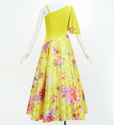 Japan Fabric One Shoulder Frill Sleeve Long Dress / Yellow / JW004ye