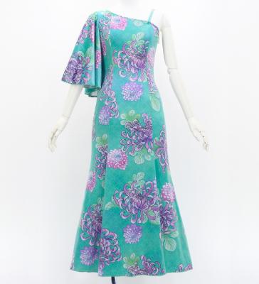 Japan Fabric One Shoulder Frill Sleeve Long Dress with Chrysanthemum Print / Light Blue / JW005lbl
