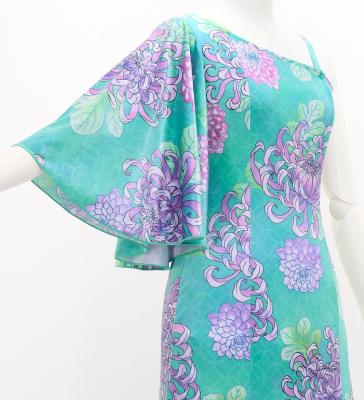 Japan Fabric One Shoulder Frill Sleeve Long Dress with Chrysanthemum Print / Light Blue / JW005lbl