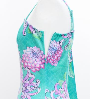 Japan Fabric One Shoulder Frill Sleeve Long Dress with Chrysanthemum Print / Light Blue / JW005lbl