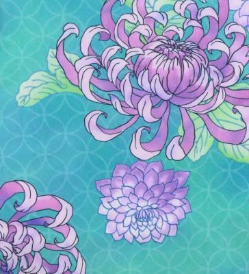 Japan Fabric One Shoulder Frill Sleeve Long Dress with Chrysanthemum Print / Light Blue / JW005lbl