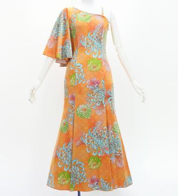 Japan Fabric One Shoulder Frill Sleeve Long Dress with Chrysanthemum Print / Orange / JW005or