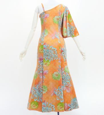 Japan Fabric One Shoulder Frill Sleeve Long Dress with Chrysanthemum Print / Orange / JW005or