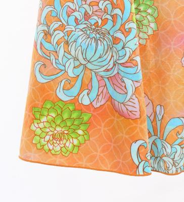 Japan Fabric One Shoulder Frill Sleeve Long Dress with Chrysanthemum Print / Orange / JW005or