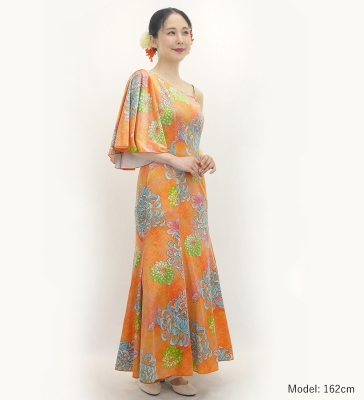 Japan Fabric One Shoulder Frill Sleeve Long Dress with Chrysanthemum Print / Orange / JW005or