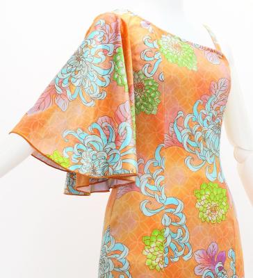 Japan Fabric One Shoulder Frill Sleeve Long Dress with Chrysanthemum Print / Orange / JW005or