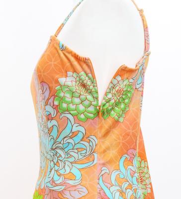 Japan Fabric One Shoulder Frill Sleeve Long Dress with Chrysanthemum Print / Orange / JW005or