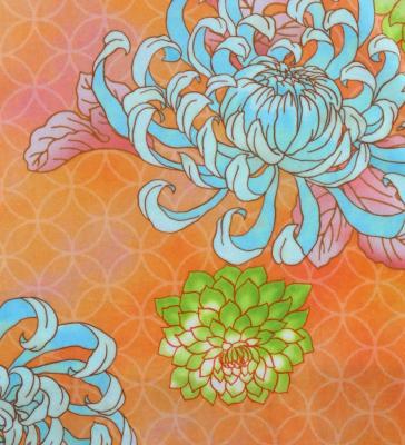 Japan Fabric One Shoulder Frill Sleeve Long Dress with Chrysanthemum Print / Orange / JW005or