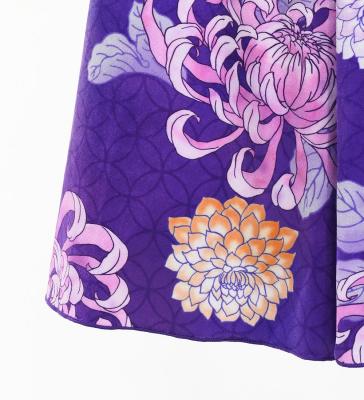 Japan Fabric One Shoulder Frill Sleeve Long Dress with Chrysanthemum Print / Purple / JW005pu