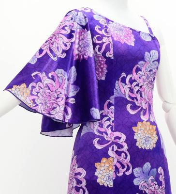 Japan Fabric One Shoulder Frill Sleeve Long Dress with Chrysanthemum Print / Purple / JW005pu