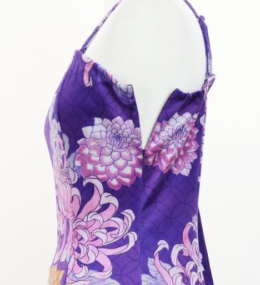 Japan Fabric One Shoulder Frill Sleeve Long Dress with Chrysanthemum Print / Purple / JW005pu