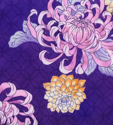Japan Fabric One Shoulder Frill Sleeve Long Dress with Chrysanthemum Print / Purple / JW005pu